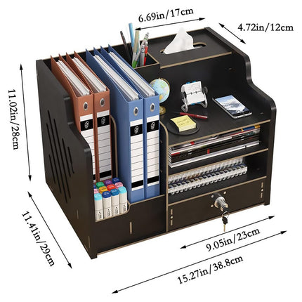 Wooden Desktop Storage Box with Locking Drawer Space Saving for Home Office Use