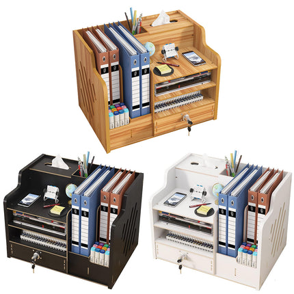 Wooden Desktop Storage Box with Locking Drawer Space Saving for Home Office Use