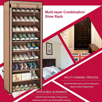 10 Tier Shoe Rack Stainless Steel Frame Non Woven Fabric for Shoe Storage Use
