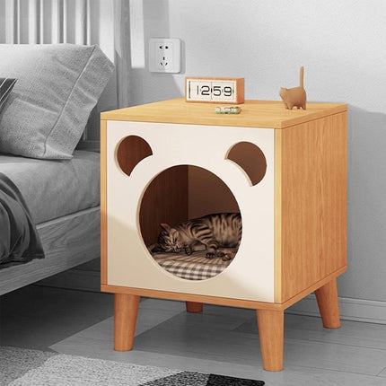 Wooden Cat Bedside Cabinet Multifunctional Cattery Storage Nightstand Furniture