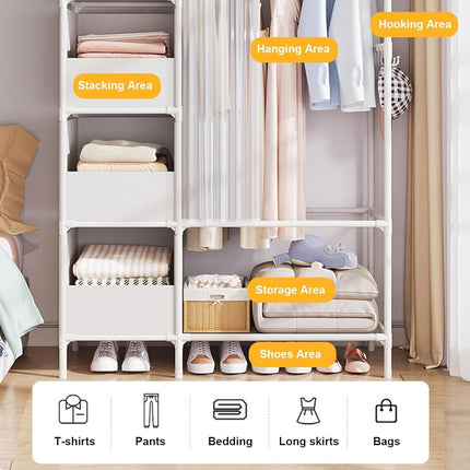 Simple Wardrobe with Curtain Large Capacity Storage Organizer for Home Bedroom