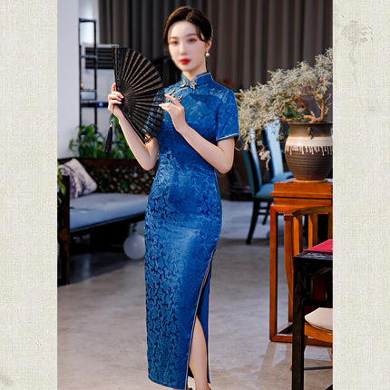 Blue Cheongsam Dress Long Retro Elegant Style Traditional Chinese Qipao Vintage