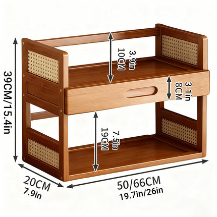 2 Tier Bamboo Desktop Storage Shelf with Drawer Rattan Side Home Office Bedroom