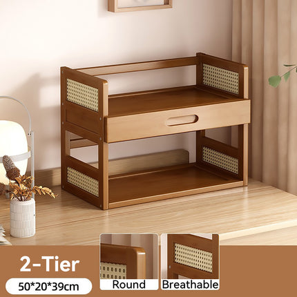 2 Tier Bamboo Desktop Storage Shelf with Drawer Rattan Side Home Office Bedroom