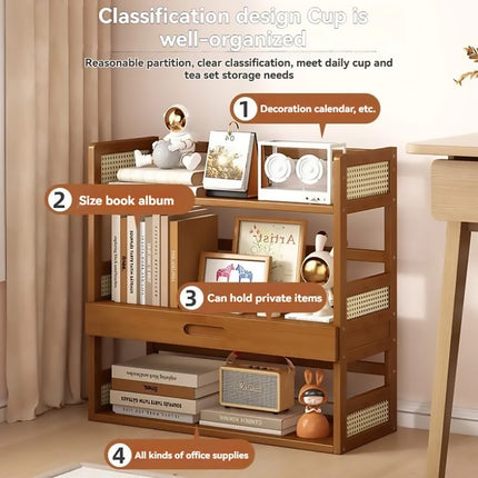 2 Tier Bamboo Desktop Storage Shelf with Drawer Rattan Side Home Office Bedroom