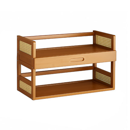 2 Tier Bamboo Desktop Storage Shelf with Drawer Rattan Side Home Office Bedroom