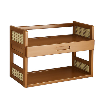 2 Tier Bamboo Desktop Storage Shelf with Drawer Rattan Side Home Office Bedroom