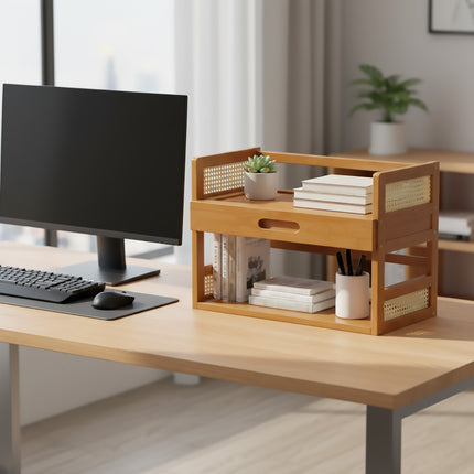 2 Tier Bamboo Desktop Storage Shelf with Drawer Rattan Side Home Office Bedroom