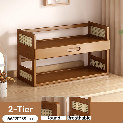 2 Tier Bamboo Desktop Storage Shelf with Drawer Rattan Side Home Office Bedroom