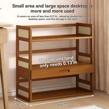 2 Tier Bamboo Desktop Storage Shelf with Drawer Rattan Side Home Office Bedroom