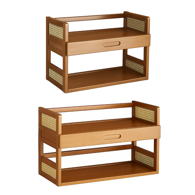 2 Tier Bamboo Desktop Storage Shelf with Drawer Rattan Side Home Office Bedroom