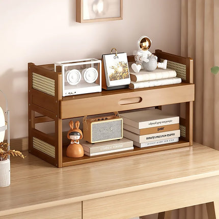 2 Tier Bamboo Desktop Storage Shelf with Drawer Rattan Side Home Office Bedroom