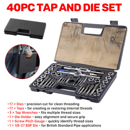 40PCS Tap and Die Set for Automotive Repair DIY Metal Wood Thread Cutting Tools