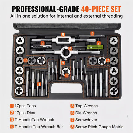 40PCS Tap and Die Set for Automotive Repair DIY Metal Wood Thread Cutting Tools