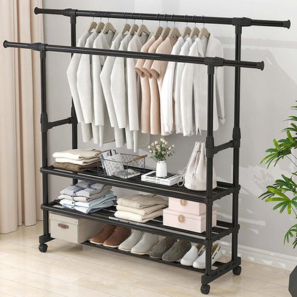 3-Tier Adjustable Height Rolling Clothes Rack Retractable Moveable with Wheels