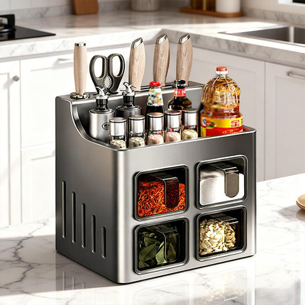Multifunctional Wall-Mounted Spice Rack with Knife Holder Space Saving Stable