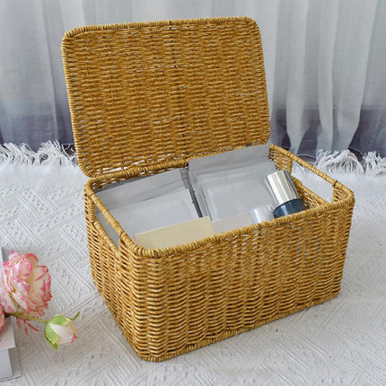 Storage Box Bedroom Organizer Faux Rattan Woven Basket with Lid Home