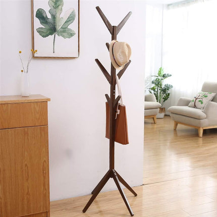 Solid Wood Coat Rack Floor Standing Clothes Hanger with 8 Hooks