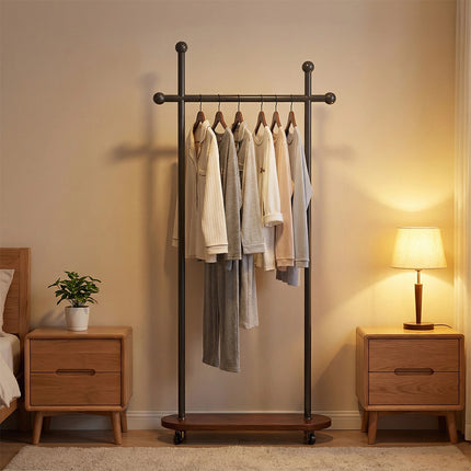 Portable Clothes Rack 60x30x175cm Metal Frame Wood Base Wheels for Bedroom