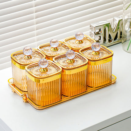 6PCS Sealed Storage Jar Set with Tray Amber Tinted Lids for Kitchen Pantry