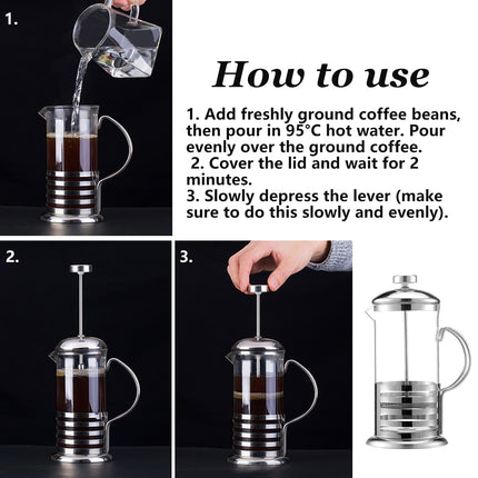 French Press Coffee Maker 350ml Heat Resistant Glass Stainless Steel Pattern