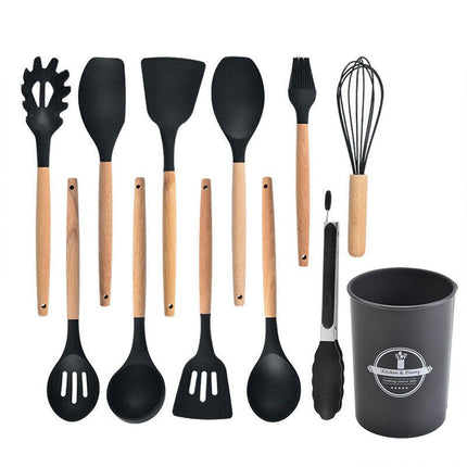 Set Of 12 Silicone Utensils Set Wooden Cooking Kitchen Baking Cookware Au  Stock