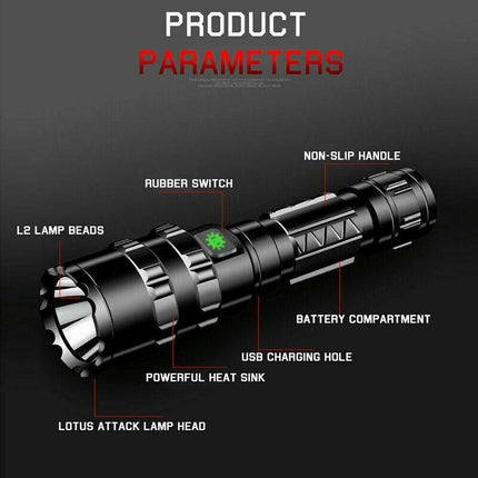 1600lm Cree L2 LED Tactical Flashlight USB Rechargeable Camping Hunting Torch