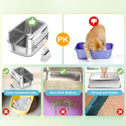 Cat Litter Box Open Design Stainless Steel Large Easy Clean Pet Toilet Tray