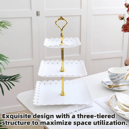 4PCS Set 3 Tier Cake Display Stand White with Gold Accents for Dessert Party