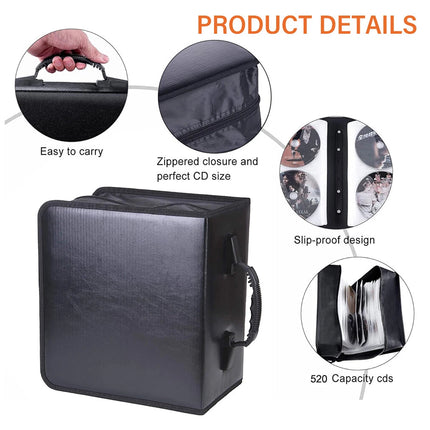 520 CD Capacity PU Leather Disc Storage Organizer Carry Case for Music DVD Media