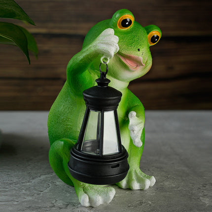 Realistic Frog Resin Sculpture with Solar Lantern for Garden and Yard