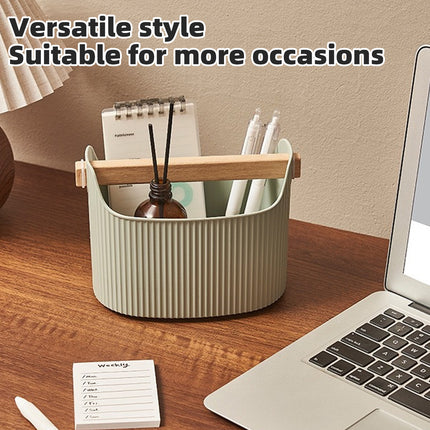 Desktop Storage Box 2PCS Ribbed Solid Wood Handle Cream Mint Home Bathroom