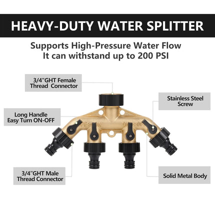 4Way Solid Brass Hose Splitter Quick Connector Shut Off Valves 3-4 Tap Outlet