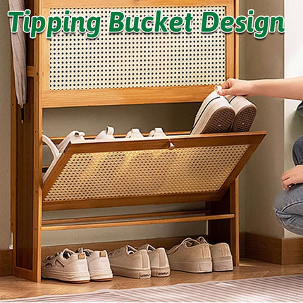 Slim Bamboo Shoe Cabinet Tipping Door with Hooks Entryway Shoe Rack