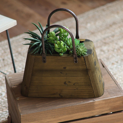 26cm Handbag Shape Flower Pot with Metal Handles in Natural Wood