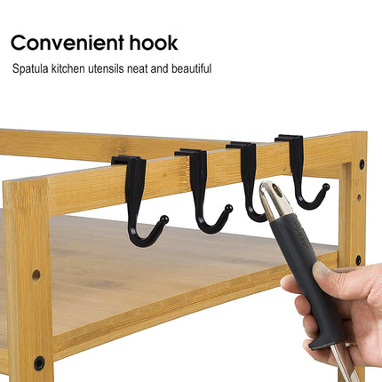 2 Tier Bamboo Microwave Oven Stand Rack Kitchen Condiment Holder with Hooks