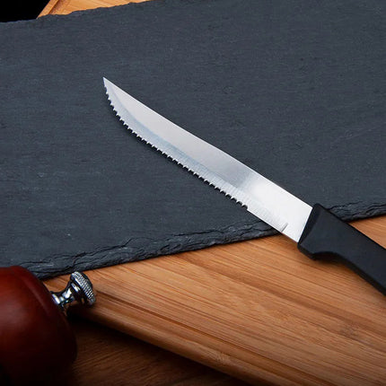 6pcs Stainless Steel Steak Knife Black Plastic Handle Cutlery For Kitchen Dining