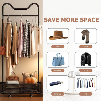 Moveable Clothes Rack 60x34x170cm Metal Frame Mesh Basket Hooks Wheels for Home