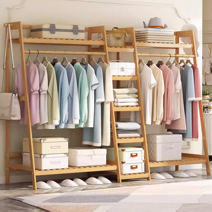 Bamboo Floor Standing Clothes Rack Multi Functional Clothes Cabinet Sturdy