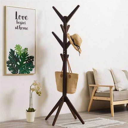 Solid Wood Coat Rack Floor Standing Clothes Hanger with 8 Hooks