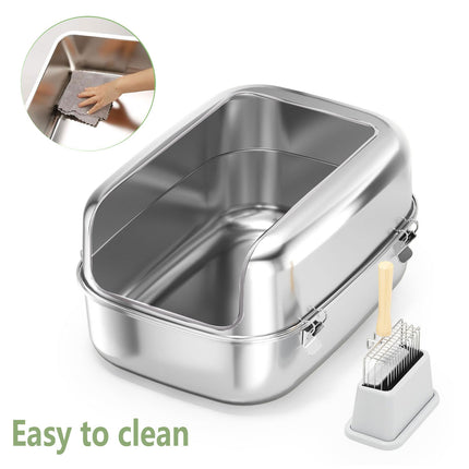 Cat Litter Box Open Design Stainless Steel Large Easy Clean Pet Toilet Tray