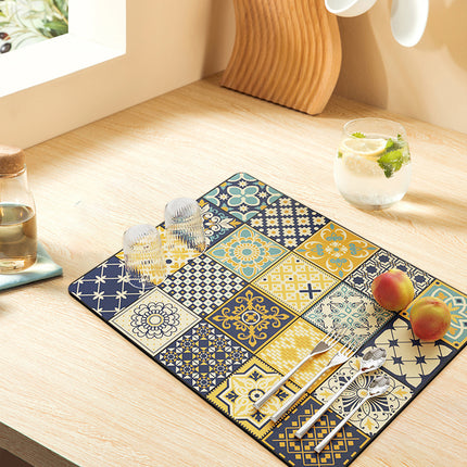 Kitchen Drain Mat Absorbent Polyester Non-Slip Back Tile Pattern