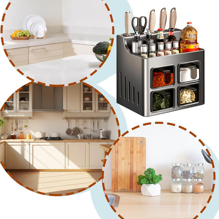 Multifunctional Wall-Mounted Spice Rack with Knife Holder Space Saving Stable