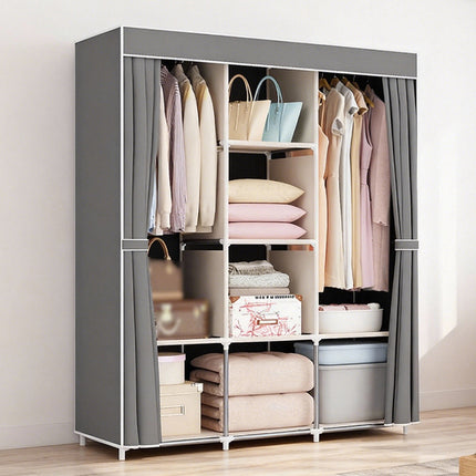 Simple Wardrobe with Dustproof Curtain Space Saving Stable Durable for Home Use