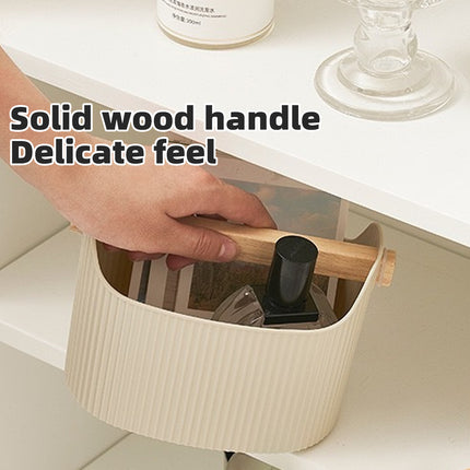 Desktop Storage Box 2PCS Ribbed Solid Wood Handle Cream Mint Home Bathroom