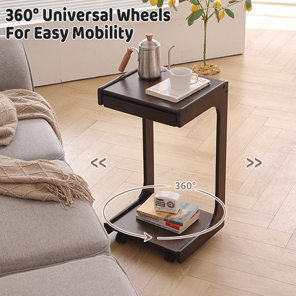 Solid Wood Rolling Coffee Table Mobile Side Table with Wheels 2-Tier Home Use