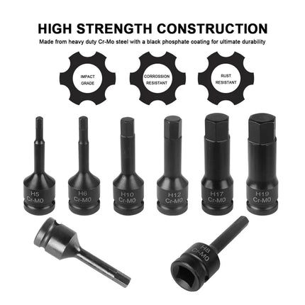 10 Piece Impact Hex Socket Bit Set 1/2 Inch Drive Metric H5 to H19 with Storage Case