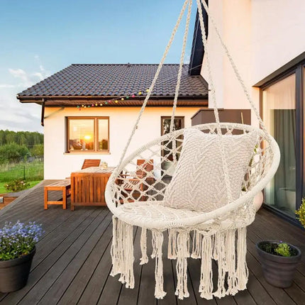 Beige Hammock Swing Chair Cotton Macrame Hanging Rope Seat Indoor Outdoor Patio