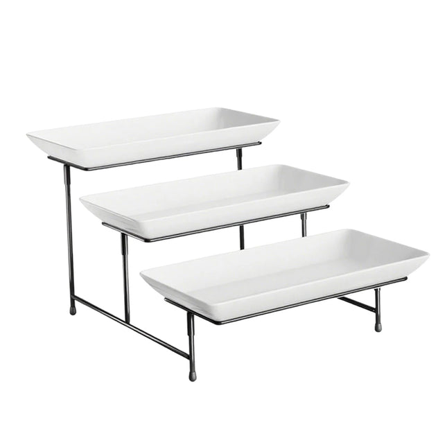 3 Tier Display Stand Black Metal Frame White Trays for Party Wedding Catering