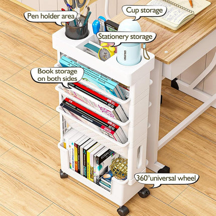 5 Tier Rolling Book Rack Movable Bookshelf Storage Organizer Shelf with Wheels